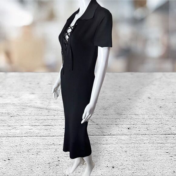 Alice + Olivia Black Short Sleeve Lace Up Neck Collar Dress - Picture 4 of 8